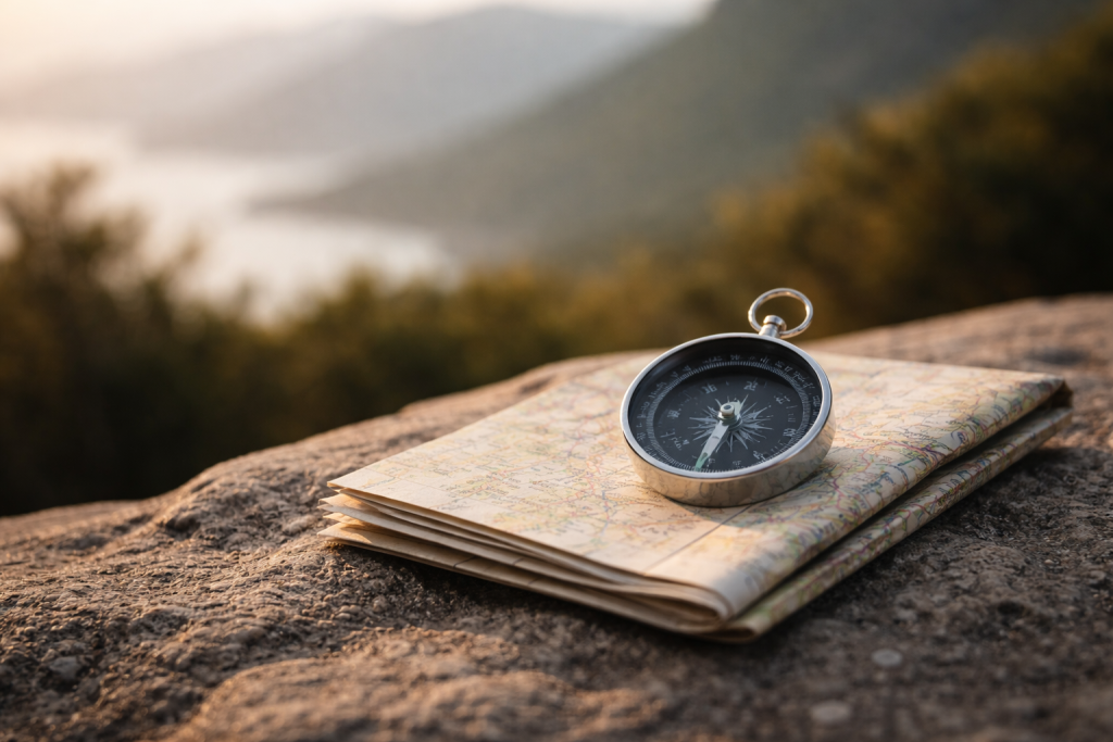 [light] Til mission/værdier: et symbolsk billede af en kompasnål og et foldet kort på en klippe med udsigt, i roligt morgenlys. Signaliserer retning, inspiration og gennemtænkt planlægning.