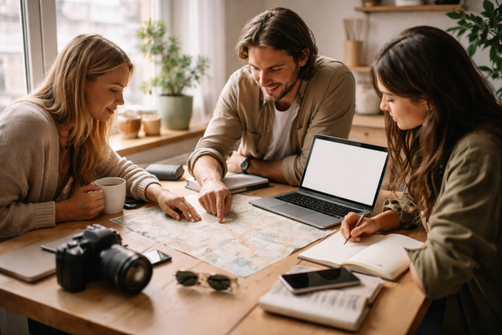 [light] Til 'Om Luca': et ægte, uformelt team/workspace-moment med 2–3 personer, der planlægger en rejse ved et bord med laptop, kort og kaffe. Viser kultur, nysgerrighed og troværdighed.