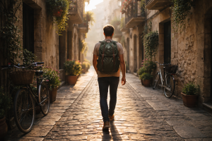 [light] Generel stemning/livsstil: en rejsende med rygsæk, der går gennem en hyggelig, smal gade med morgenlys og små lokale detaljer. Giver menneskelig varme uden at blive kliché.