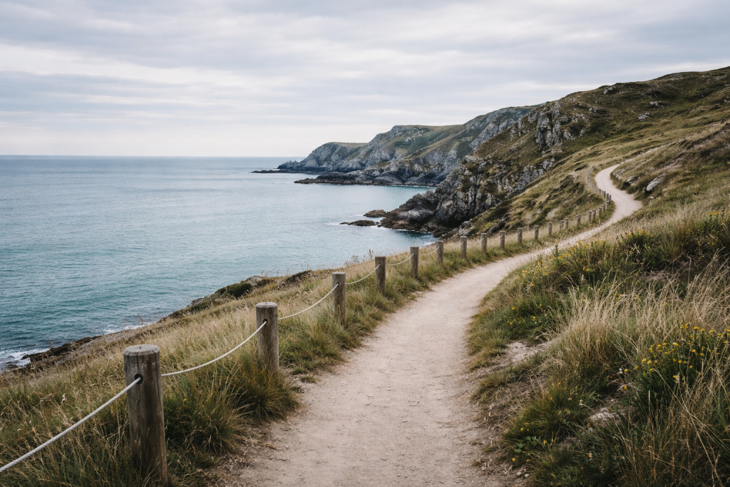 [light] Sekundær hero til indersider: en rolig kystscene med klipper og hav, set fra en sti, der leder øjet ind i billedet. Passer til destinations- og guide-sider med et mere afslappet udtryk.
