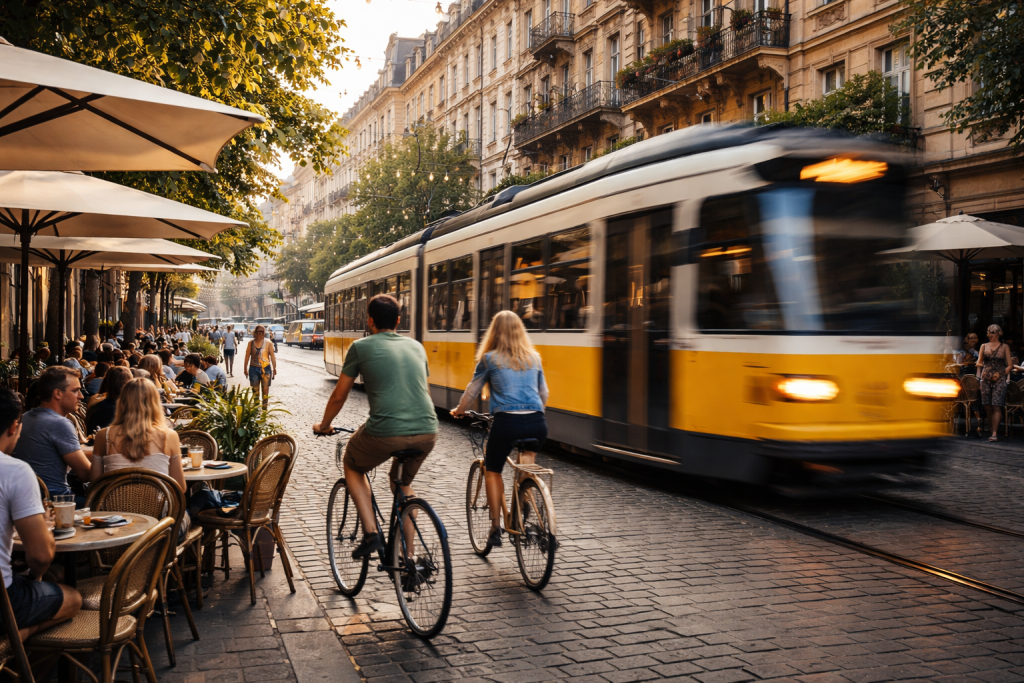 [light] Service-billede til 'Storbyferie & guides': en gadescene i en europæisk storby med sporvogn/cykler og caféstemning, taget i dokumentarisk stil.