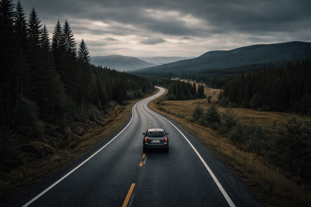 [dark] Service-billede til 'Roadtrip & ruter': en bil set bagfra på en tom, snoet vej gennem nordisk landskab, med fokus på frihed og planlagte eventyr.
